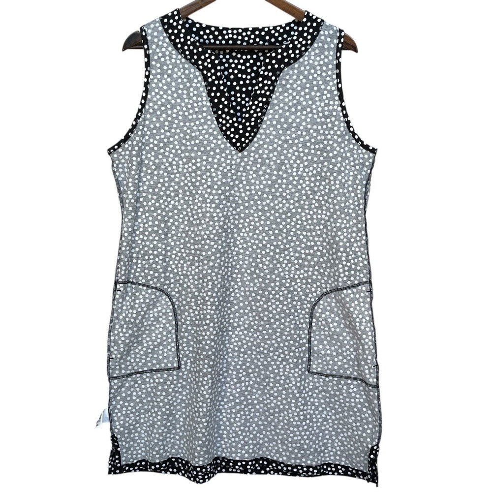 Lands End Womens Black White Polka Dot Cotton Sleeveless V-Neck Shift Dress L - Picture 6 of 7